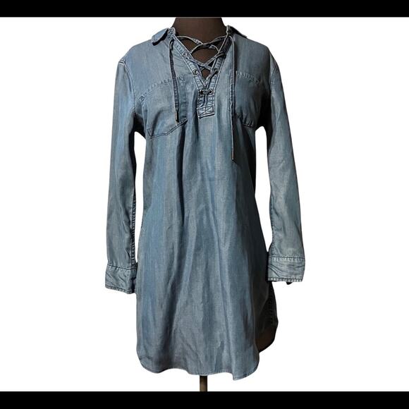 PAIGE Billie Chambray Denim Tunic Lace Up Neck Boho Casual Western Mini Dress S - Picture 5 of 5
